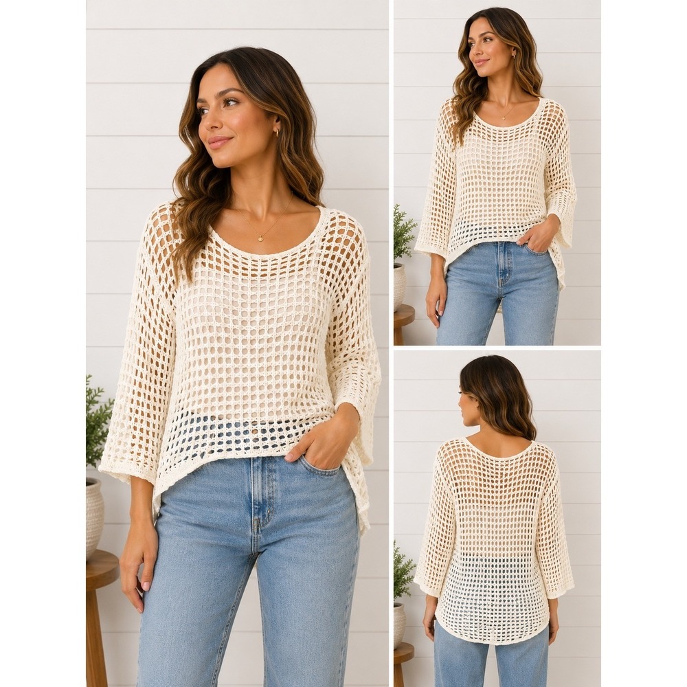Blu Pepper Cream Open Knit Crochet Sweater Scoop Neck High Low Boho Ivory Small